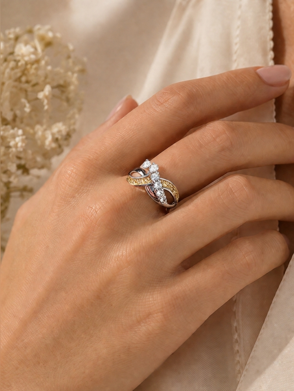 Two-Tone Gold & Silver White Topaz Infinity Ring